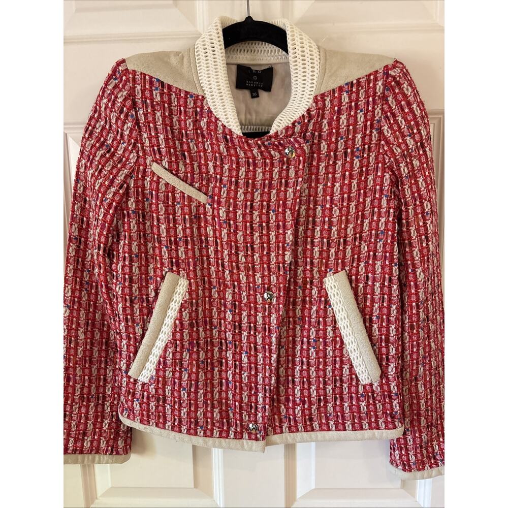 IRO for Barneys crop Jacket cotton Tweed red pink XS/36 zip pockets suede trim